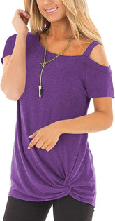 Women Cold Shoulder Tops: Summer Short Sleeve Shirts Casual Twist Knot Blouse T-Shirt S-2XL